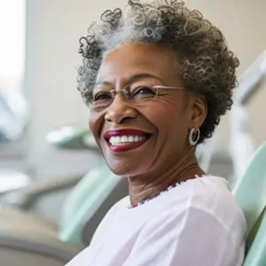 A woman sitting in the dentist chair smiling.